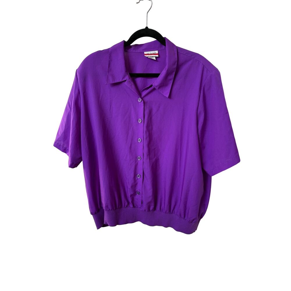 Vintage Ms. Bond Purple Button Front Blouse Knit Hem Short Sleeve